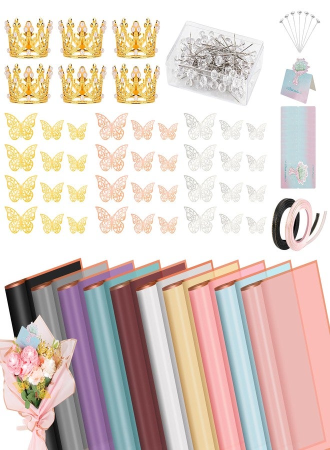 Hossmily 209 Pcs Flower Bouquet Wrapping Paper Waterproof Floral Wrapping Paper Florist Supplies with Butterfly Decoration Crowns Ribbons Bouquet Pin Glue for DIY Craft (10 Colors) - Image 1